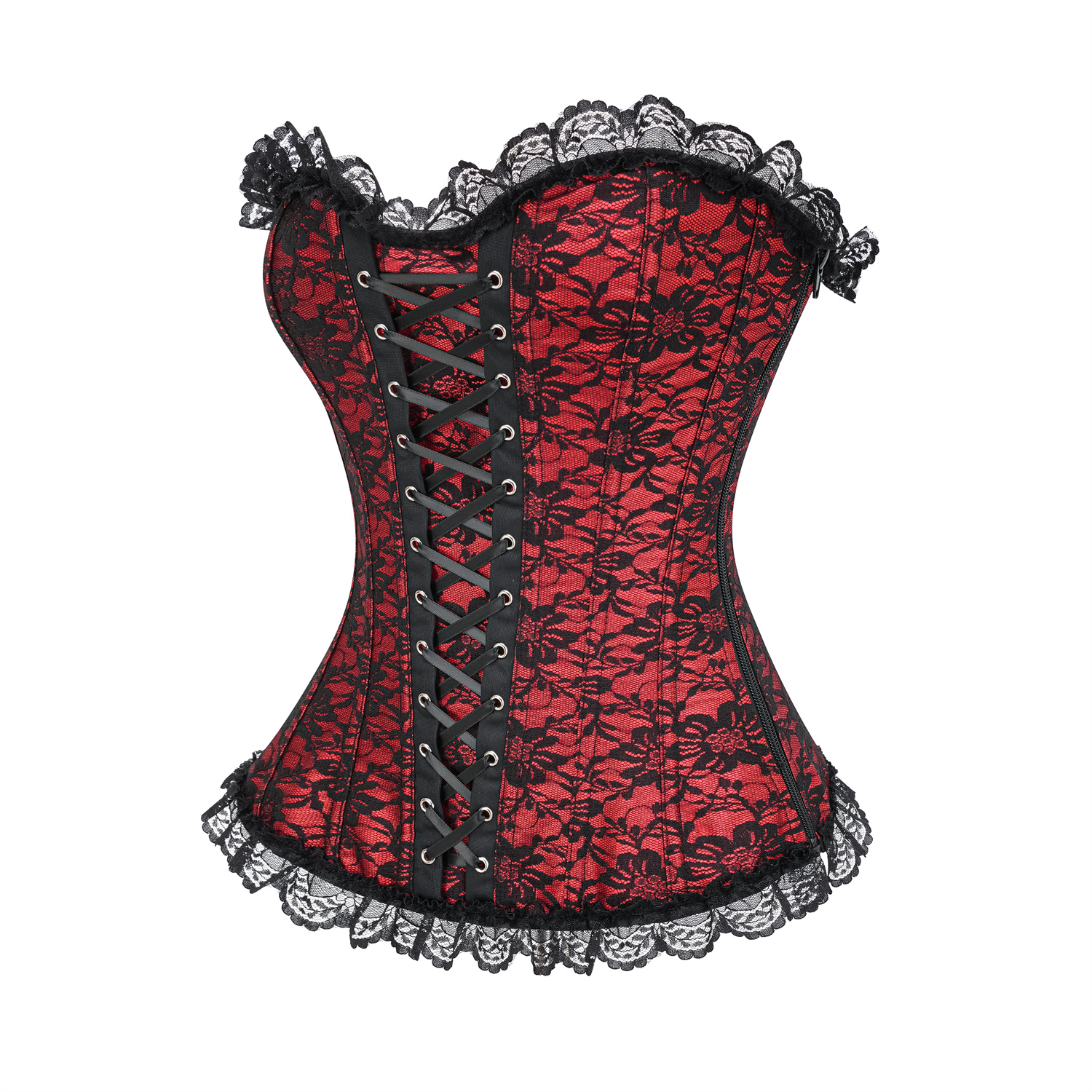 Womens Gothic Lace-Up Overbust Corset with Floral Jacquard and Lace Trim